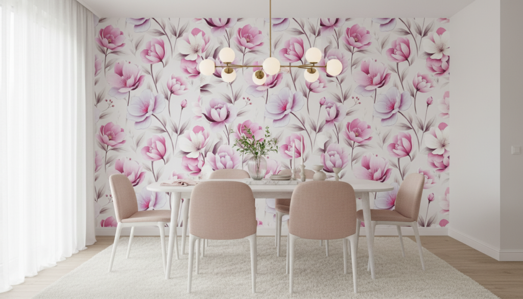 Papier peint floral magnolias roses fond blanc délicat romantique - Salle à manger