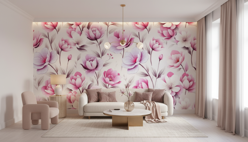 Papier peint floral magnolias roses fond blanc délicat romantique - Salon / Séjour
