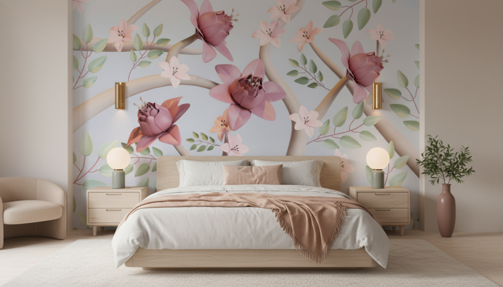 Papier peint floral moderne avec roses roses et feuillage vert délicat - Chambre adulte