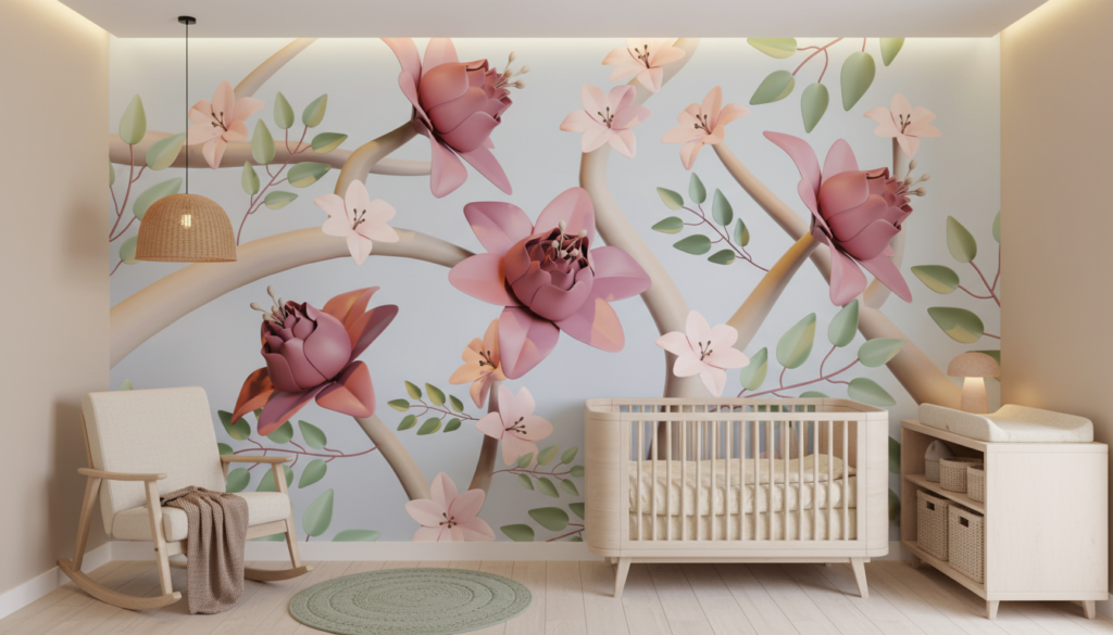 Papier peint floral moderne avec roses roses et feuillage vert délicat - Chambre bébé