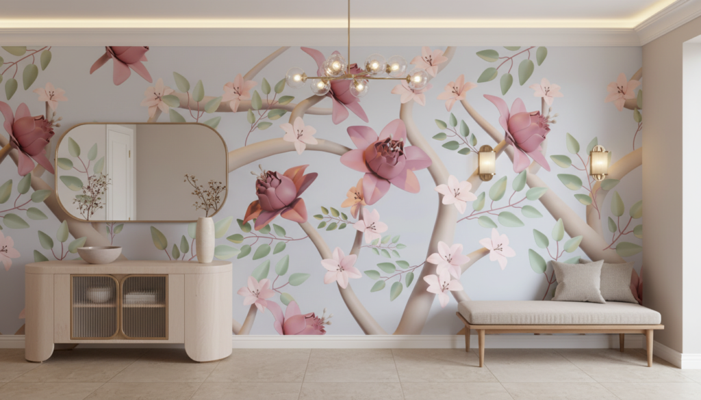 Papier peint floral moderne avec roses roses et feuillage vert délicat - Entrée