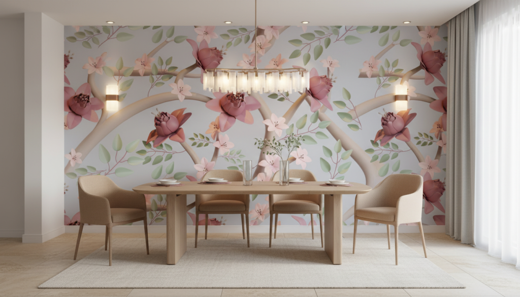 Papier peint floral moderne avec roses roses et feuillage vert délicat - Salle à manger