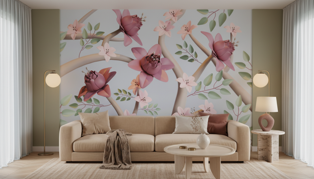 Papier peint floral moderne avec roses roses et feuillage vert délicat - Salon / Séjour