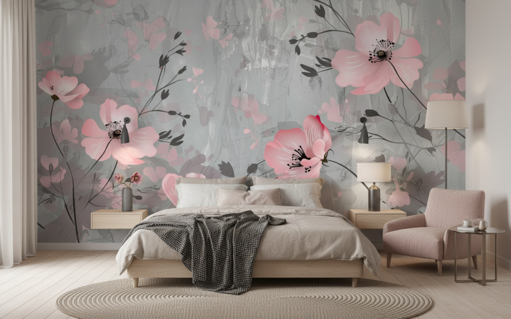 Papier peint floral moderne roses délicates fond gris texturé - Chambre adulte