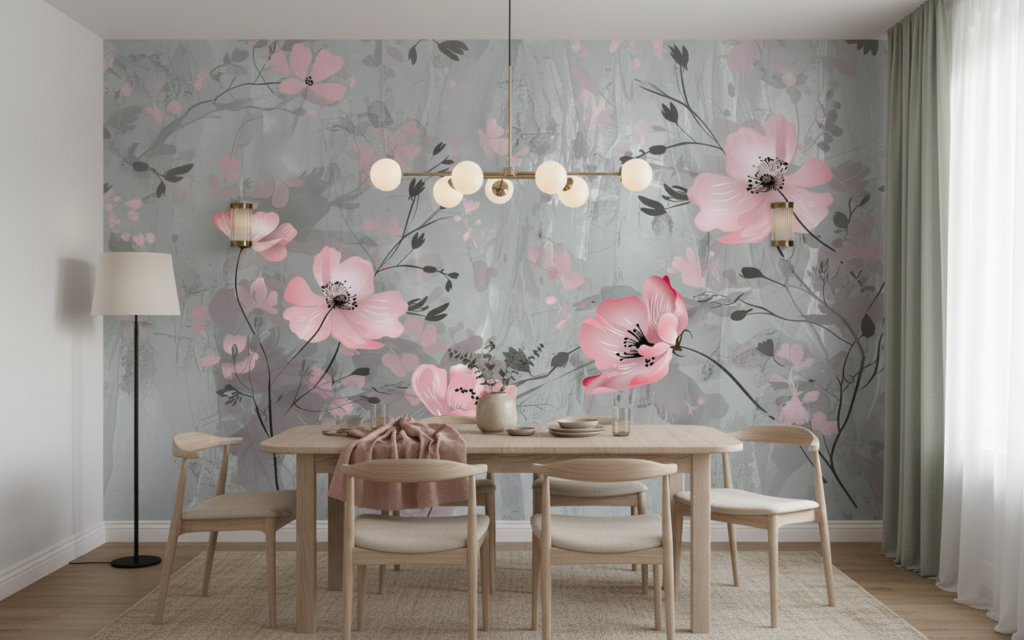 Papier peint floral moderne roses délicates fond gris texturé - Salle à manger