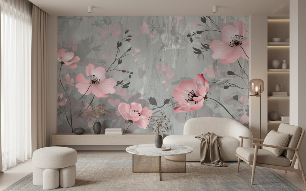 Papier peint floral moderne roses délicates fond gris texturé - Salon / Séjour