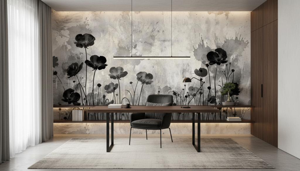 Papier peint floral monochrome cosmos sauvages fond texturé vintage - Bureau