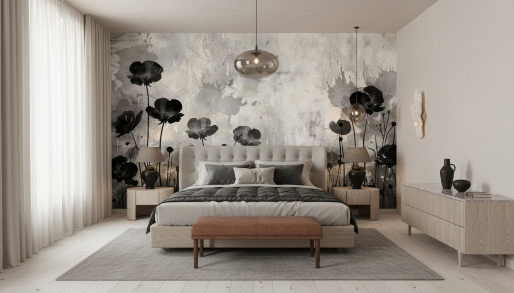 Papier peint floral monochrome cosmos sauvages fond texturé vintage - Chambre adulte