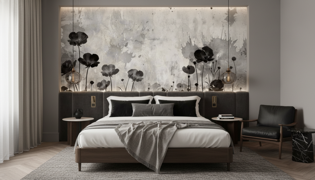 Papier peint floral monochrome cosmos sauvages fond texturé vintage - Hôtel