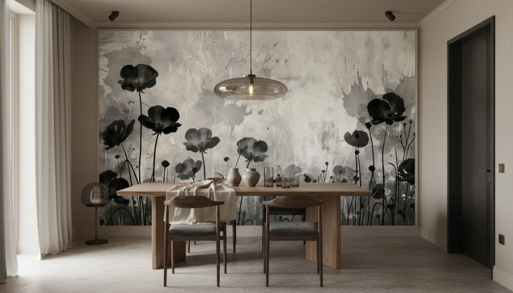 Papier peint floral monochrome cosmos sauvages fond texturé vintage - Salle à manger