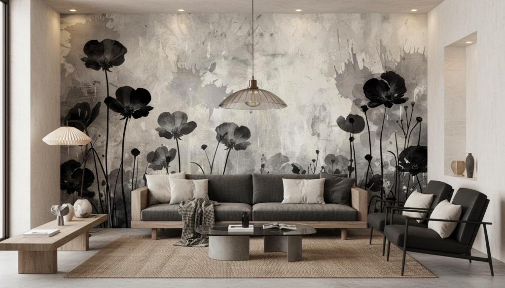 Papier peint floral monochrome cosmos sauvages fond texturé vintage - Salon / Séjour