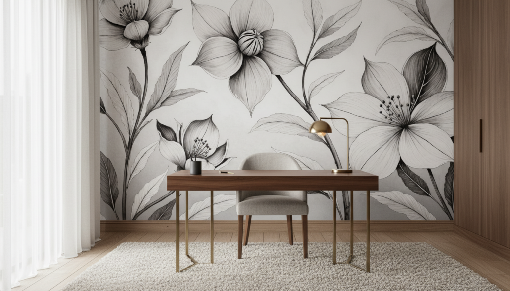 Papier Peint Floral Noir et Blanc Élégant Style Botanical - Bureau