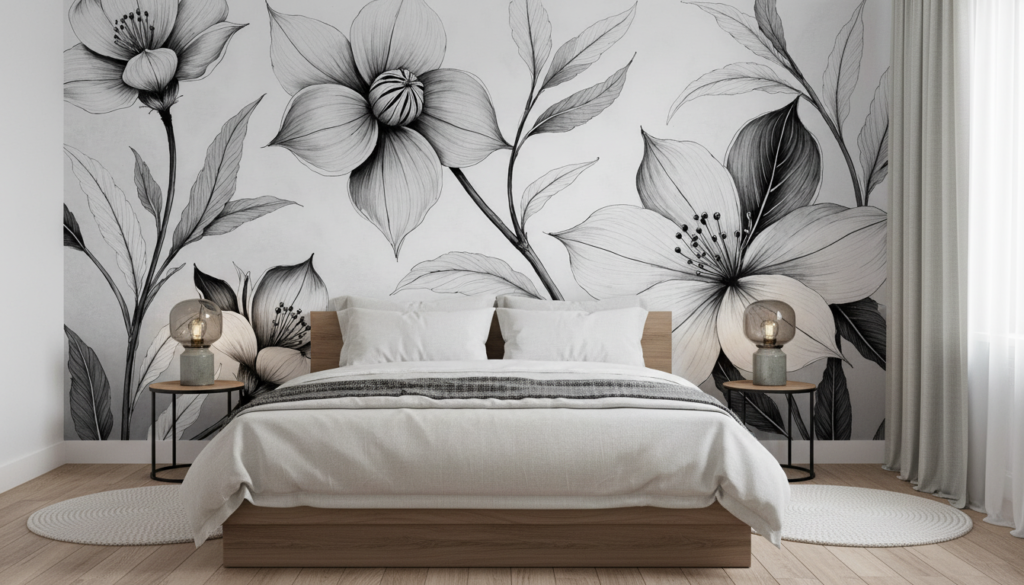 Papier Peint Floral Noir et Blanc Élégant Style Botanical - Chambre adulte