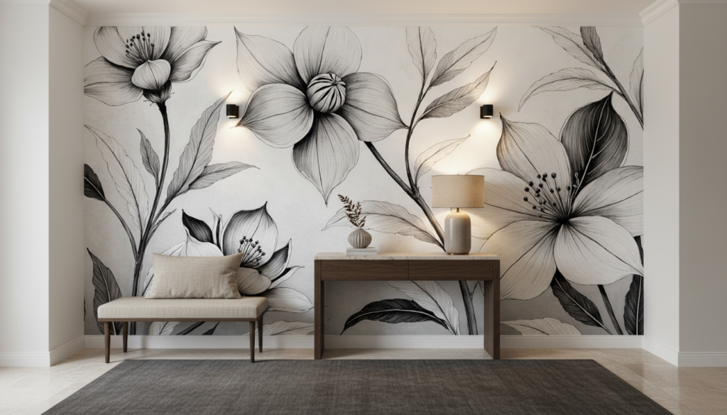 Papier Peint Floral Noir et Blanc Élégant Style Botanical - Entrée