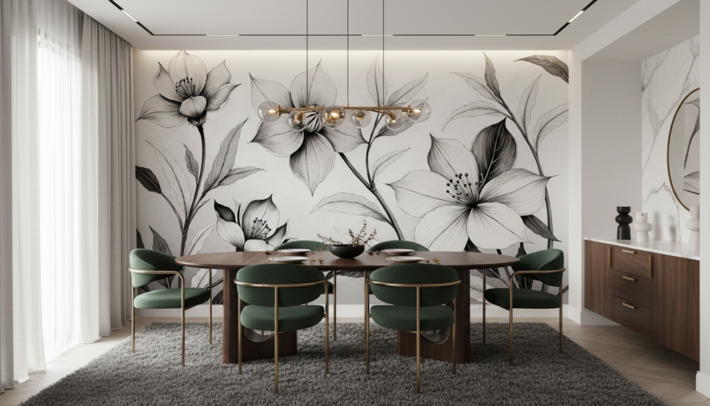 Papier Peint Floral Noir et Blanc Élégant Style Botanical - Salle à manger