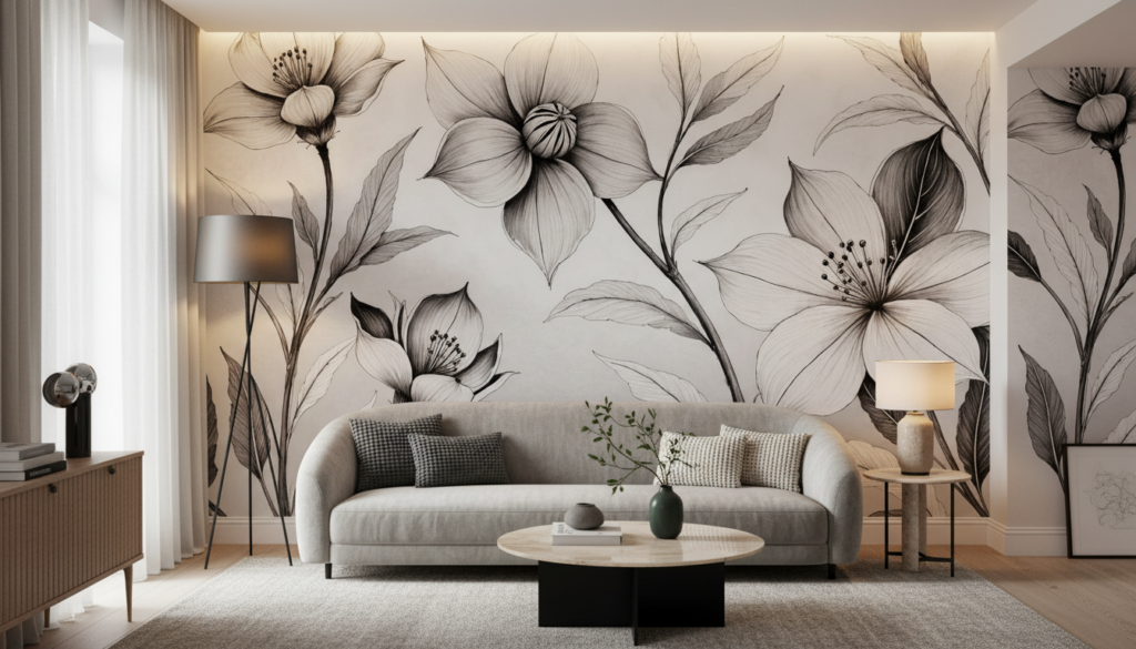 Papier Peint Floral Noir et Blanc Élégant Style Botanical - Salon / Séjour