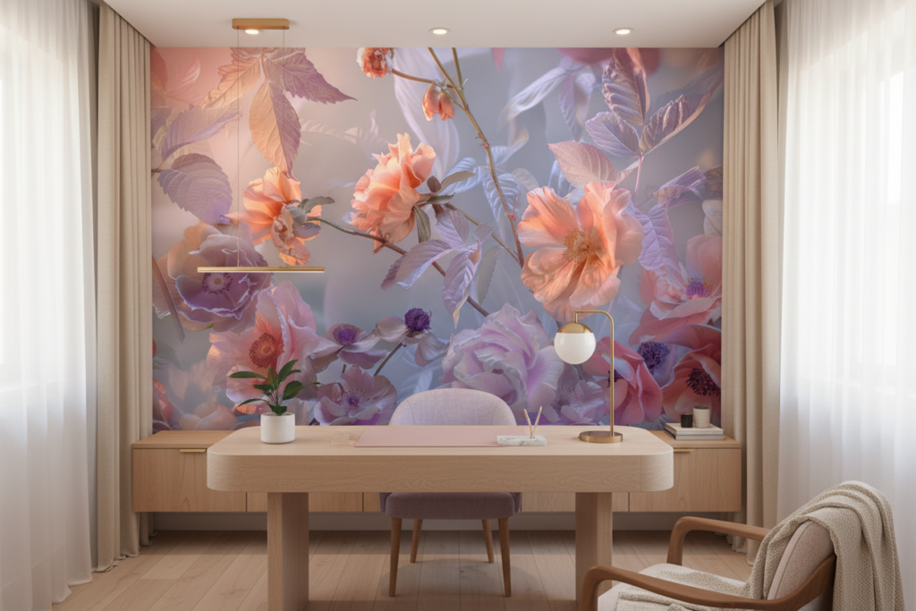 Papier Peint Floral Romantique aux Nuances Corail et Lavande Pastel - Bureau