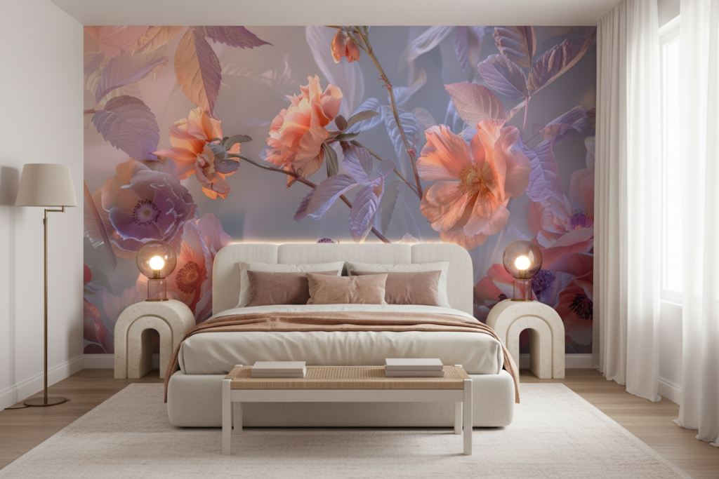 Papier Peint Floral Romantique aux Nuances Corail et Lavande Pastel - Chambre adulte