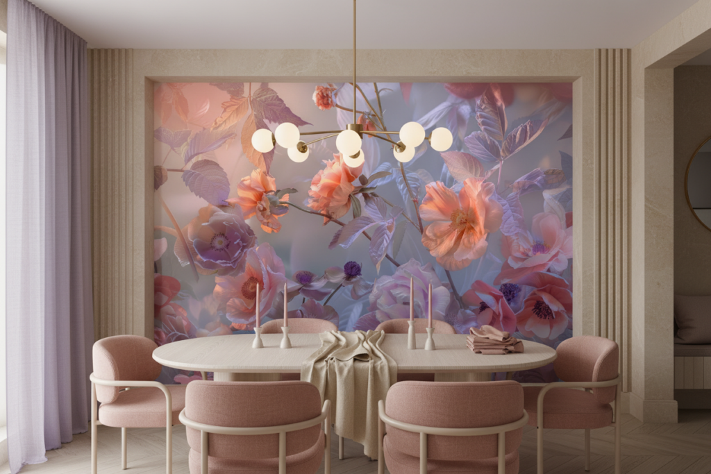 Papier Peint Floral Romantique aux Nuances Corail et Lavande Pastel - Salle à manger