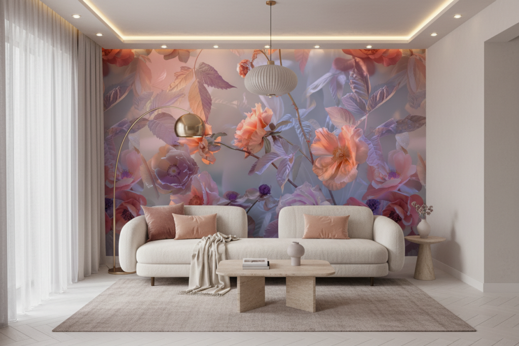 Papier Peint Floral Romantique aux Nuances Corail et Lavande Pastel - Salon / Séjour