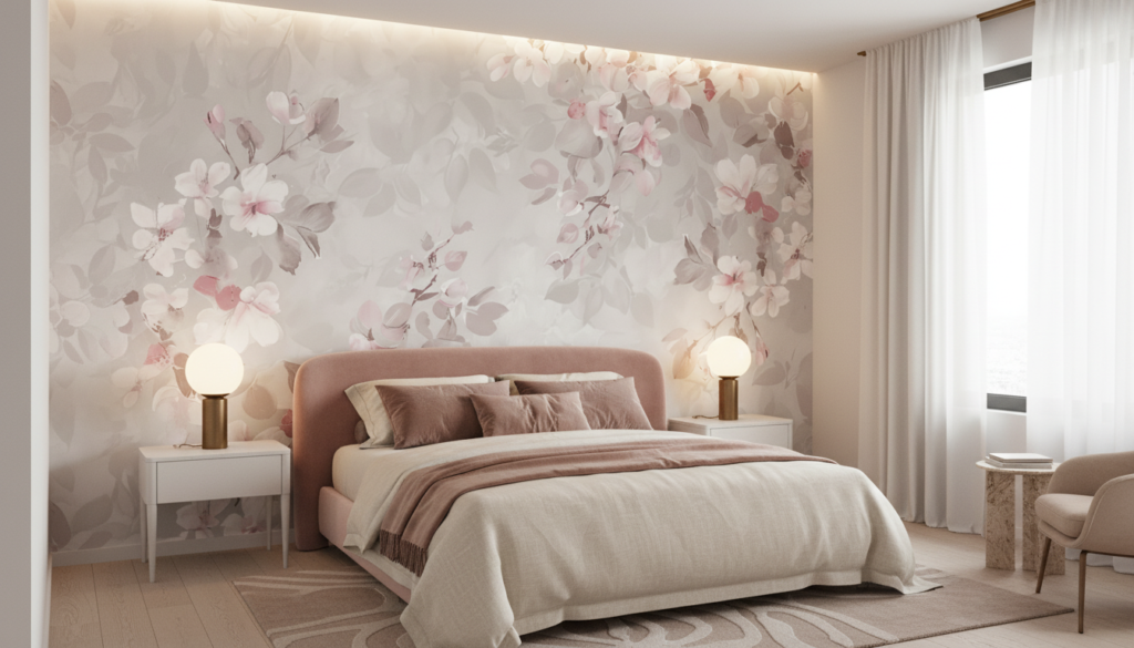 Papier peint floral romantique aux nuances roses et blanches délicates - Chambre adulte
