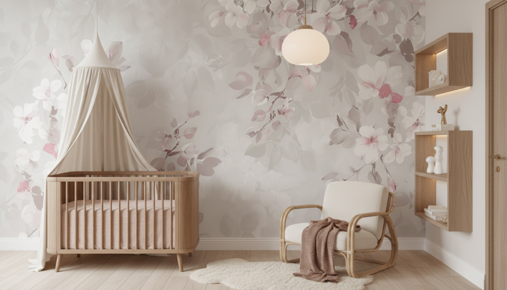 Papier peint floral romantique aux nuances roses et blanches délicates - Chambre bébé