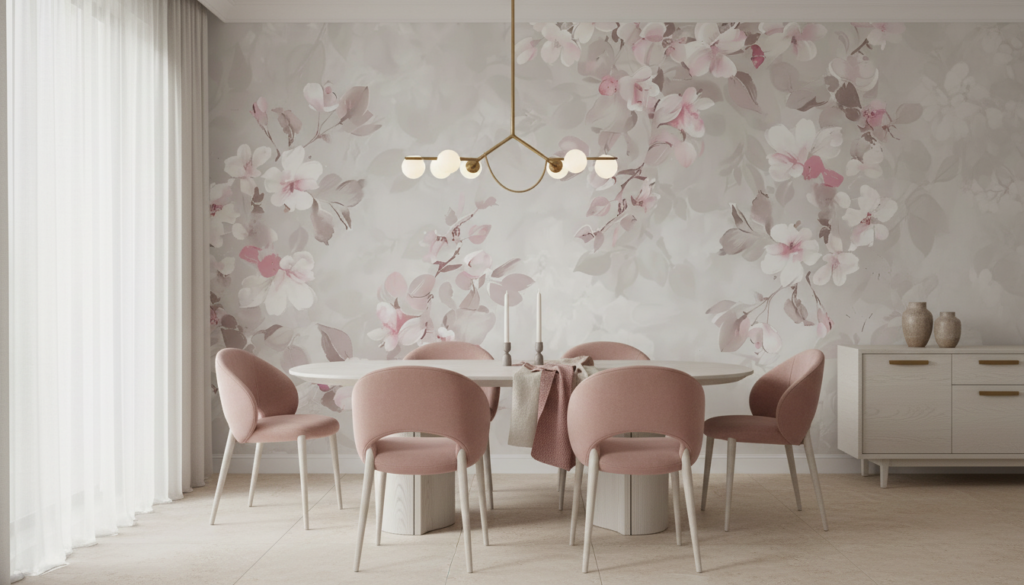 Papier peint floral romantique aux nuances roses et blanches délicates - Salle à manger