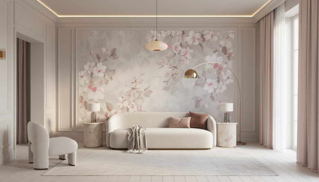 Papier peint floral romantique aux nuances roses et blanches délicates - Salon / Séjour