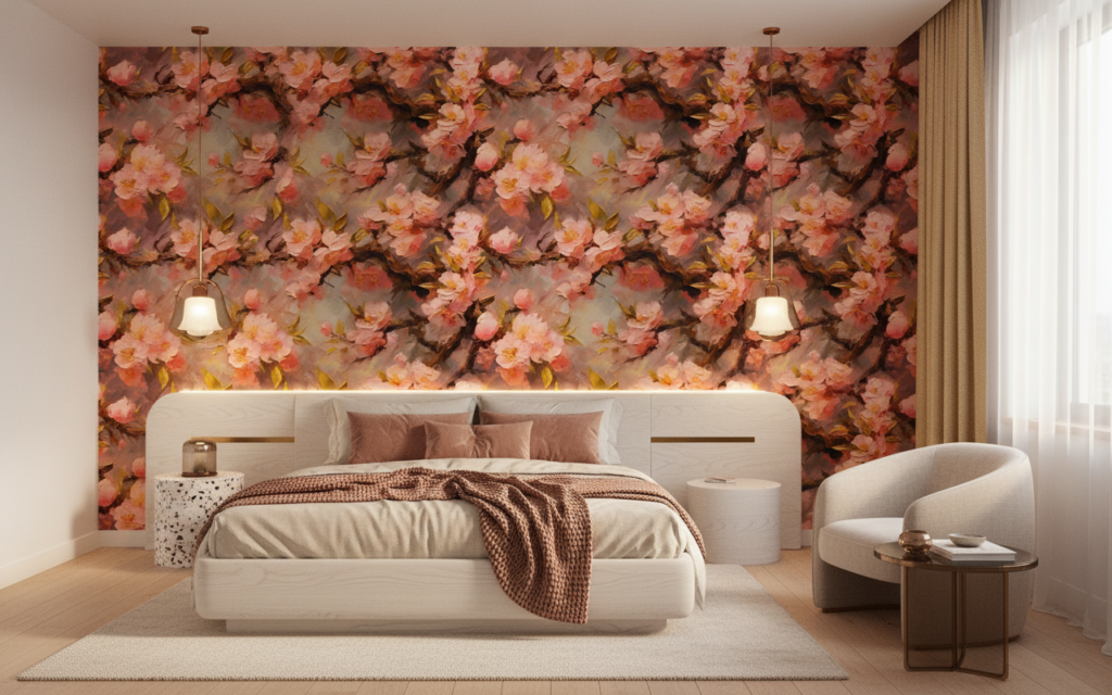 Papier Peint Floral Romantique aux Nuances Roses et Dorées - Chambre ado