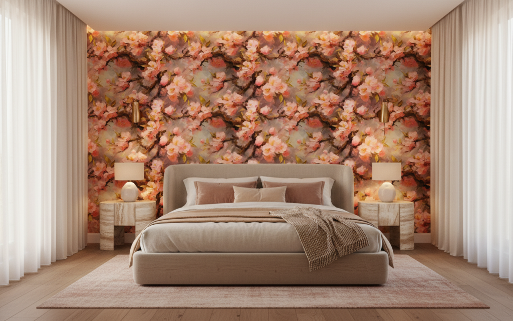 Papier Peint Floral Romantique aux Nuances Roses et Dorées - Chambre adulte