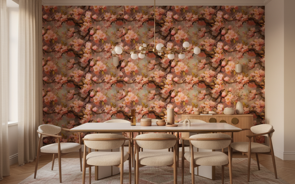 Papier Peint Floral Romantique aux Nuances Roses et Dorées - Salle à manger