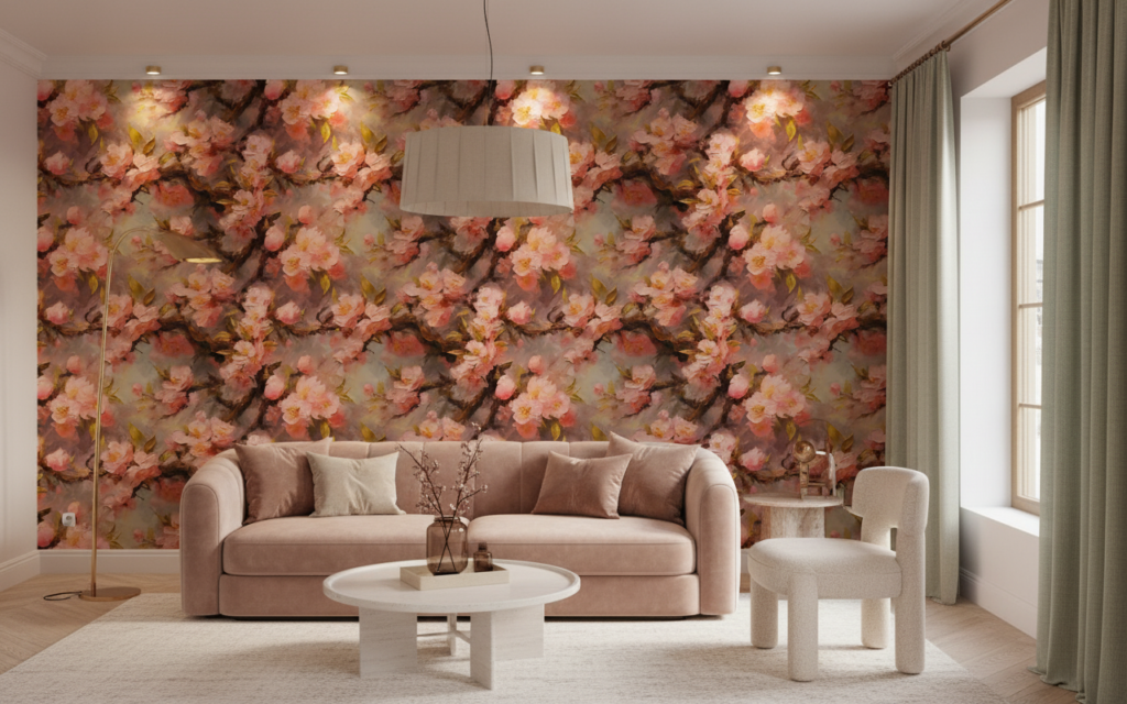 Papier Peint Floral Romantique aux Nuances Roses et Dorées - Salon / Séjour