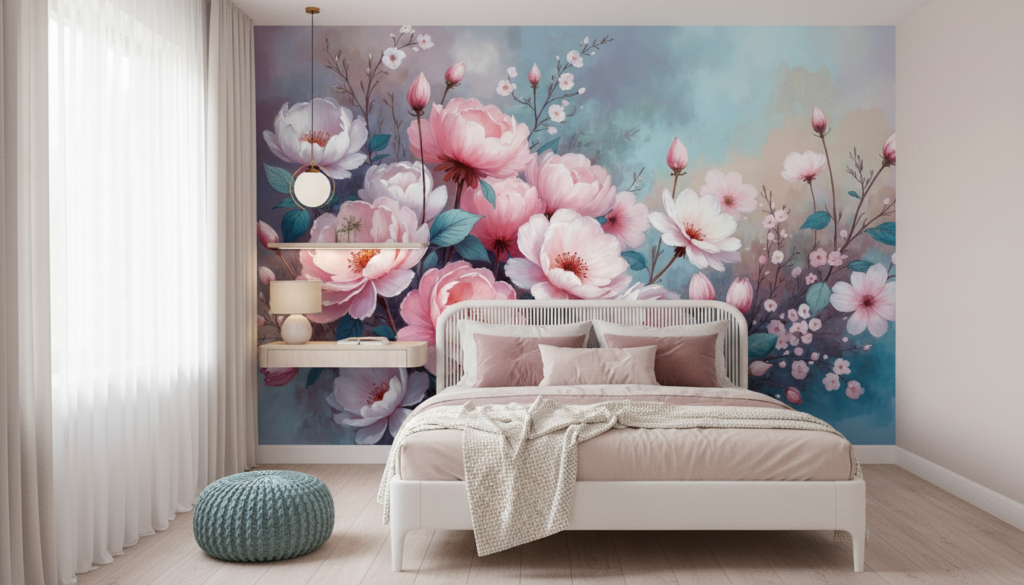 Papier Peint Floral Romantique aux Pivoines et Cerisiers en Fleurs - Chambre ado