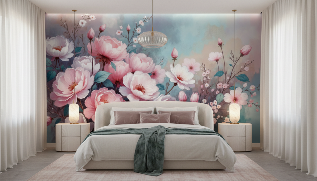Papier Peint Floral Romantique aux Pivoines et Cerisiers en Fleurs - Chambre adulte