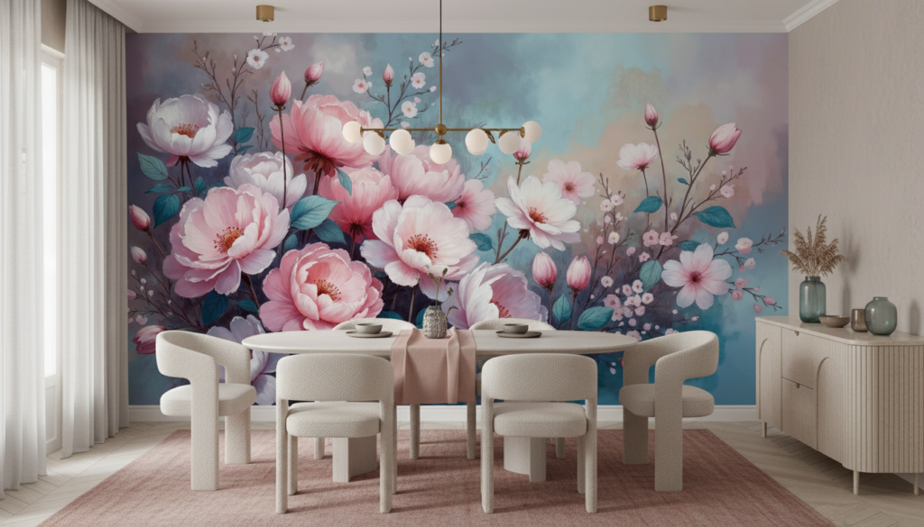 Papier Peint Floral Romantique aux Pivoines et Cerisiers en Fleurs - Salle à manger