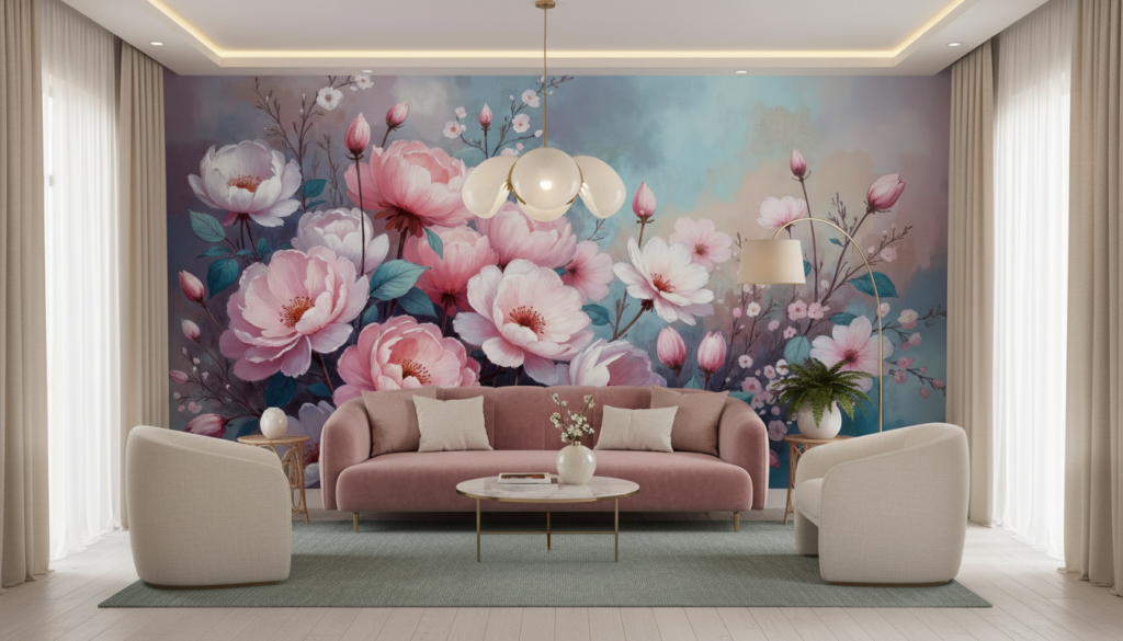 Papier Peint Floral Romantique aux Pivoines et Cerisiers en Fleurs - Salon / Séjour