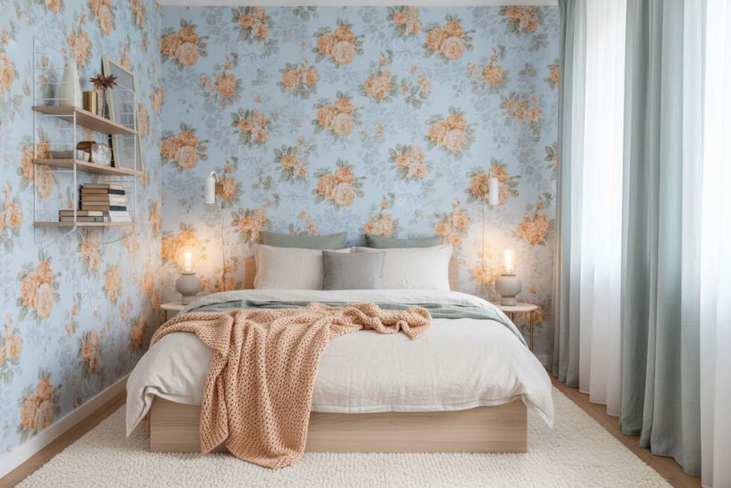 Papier peint floral romantique aux roses pêche sur fond bleu tendre - Chambre ado