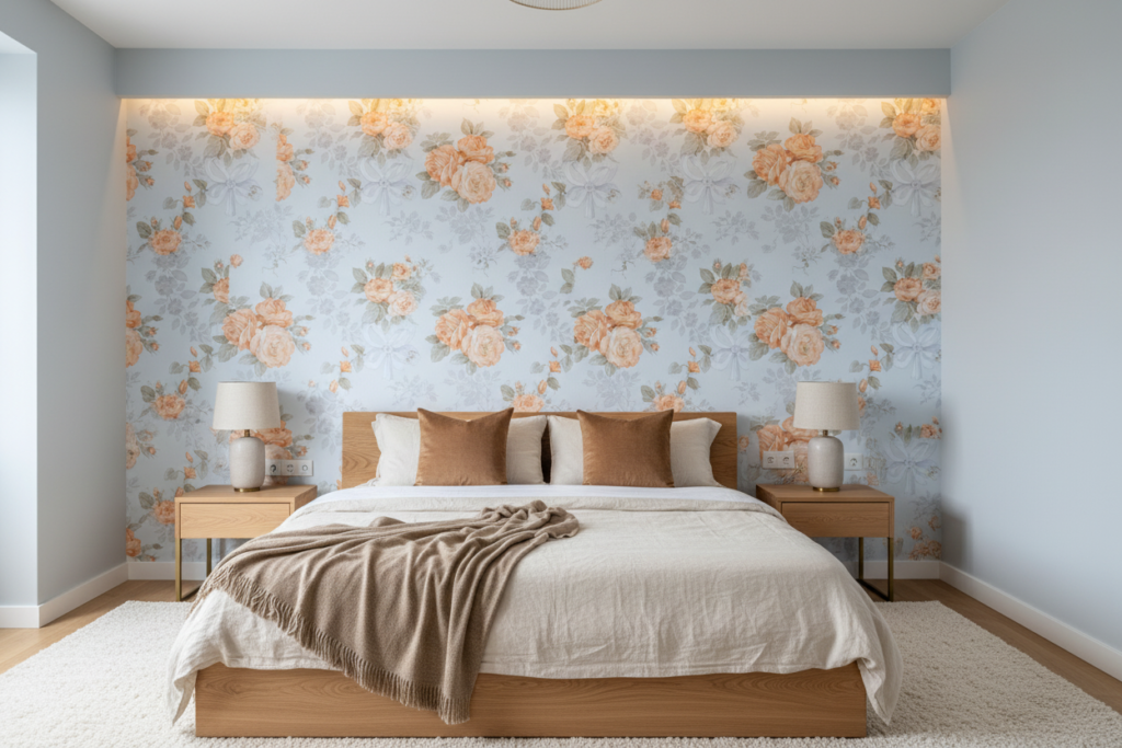 Papier peint floral romantique aux roses pêche sur fond bleu tendre - Chambre adulte