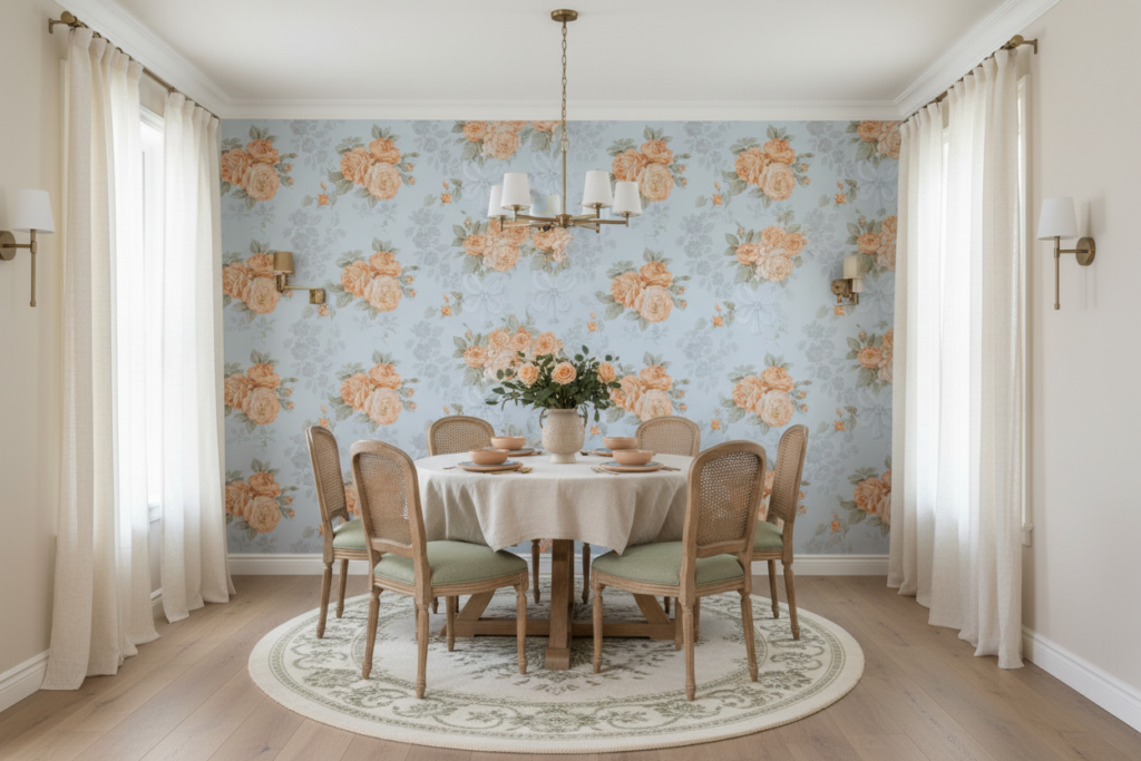 Papier peint floral romantique aux roses pêche sur fond bleu tendre - Salle à manger