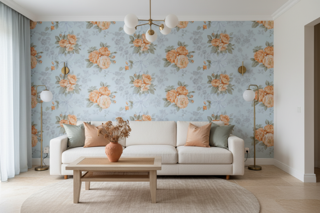 Papier peint floral romantique aux roses pêche sur fond bleu tendre - Salon / Séjour