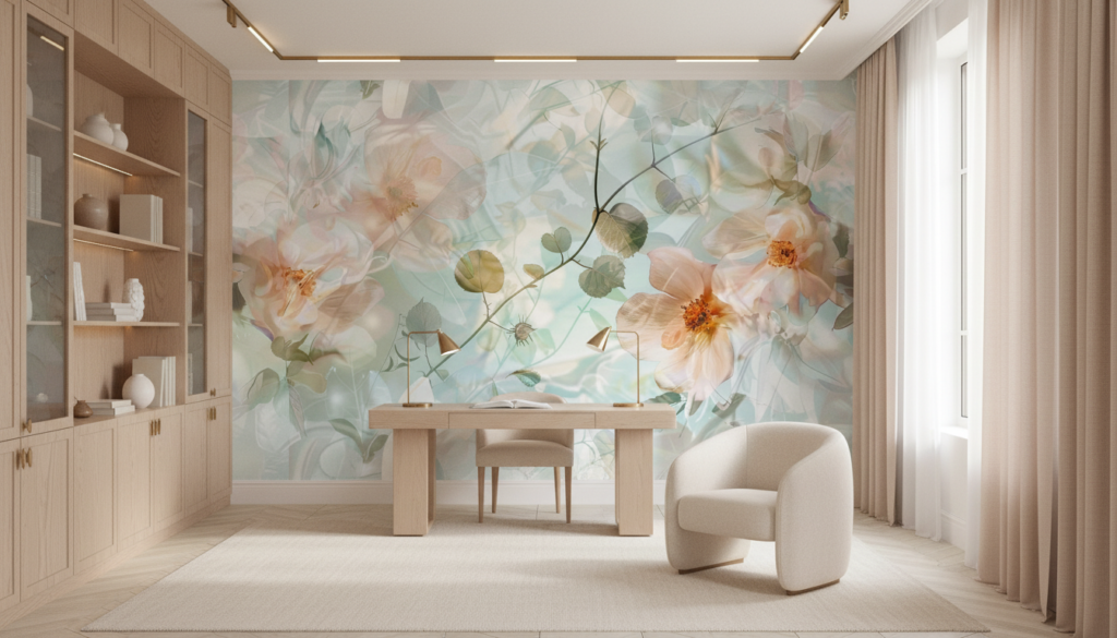Papier peint floral romantique aux tons poudrés et aquarelle délicate - Bureau