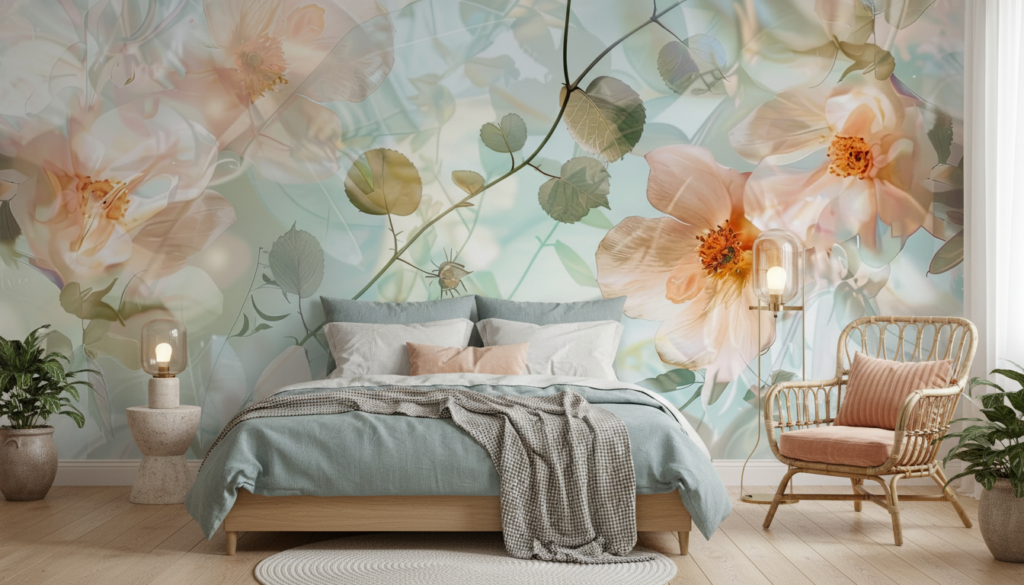 Papier peint floral romantique aux tons poudrés et aquarelle délicate - Chambre adulte
