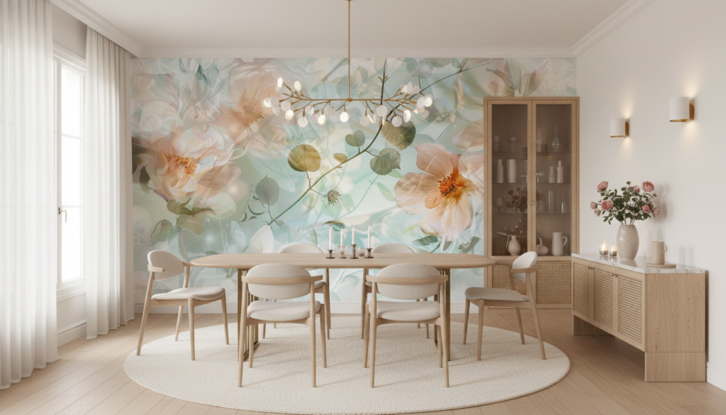 Papier peint floral romantique aux tons poudrés et aquarelle délicate - Salle à manger