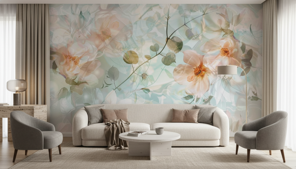 Papier peint floral romantique aux tons poudrés et aquarelle délicate - Salon / Séjour