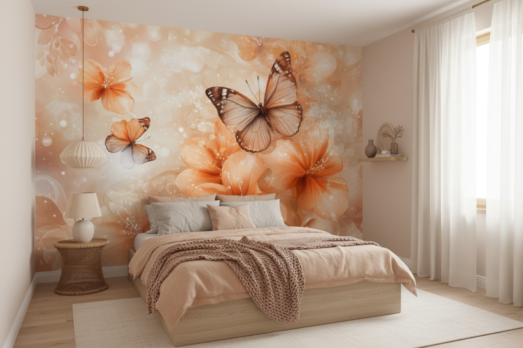 Papier peint floral romantique avec papillons et fleurs orangées - Chambre ado