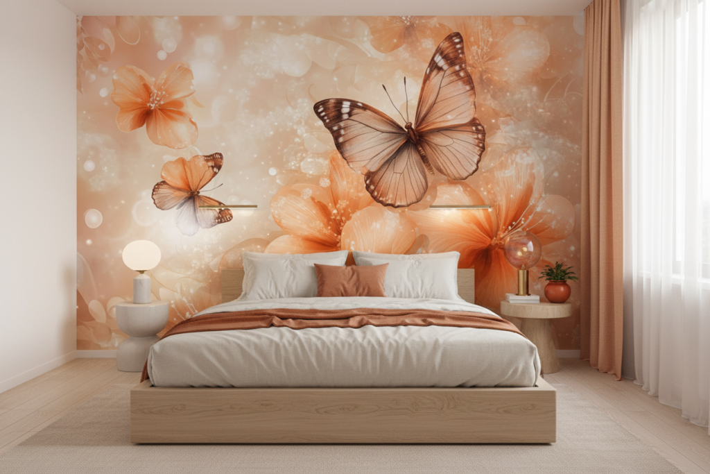 Papier peint floral romantique avec papillons et fleurs orangées - Chambre adulte