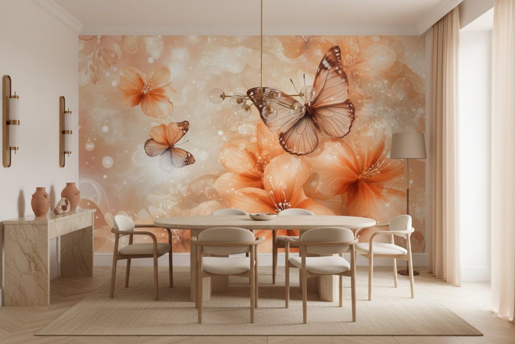 Papier peint floral romantique avec papillons et fleurs orangées - Salle à manger