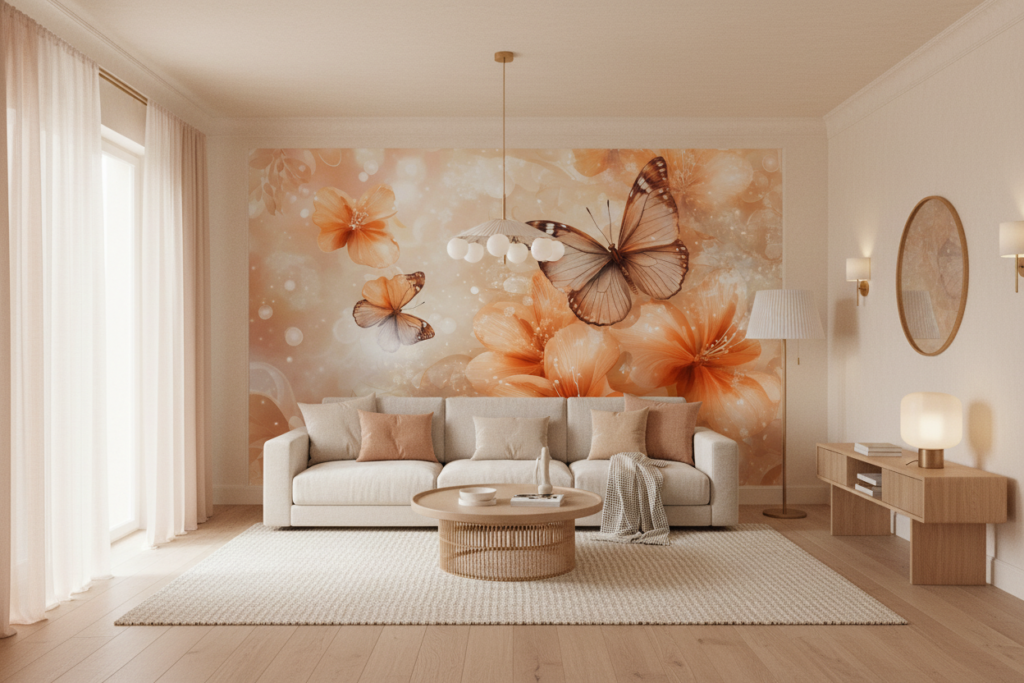 Papier peint floral romantique avec papillons et fleurs orangées - Salon / Séjour