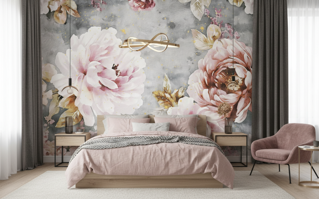 Papier Peint Floral Romantique Pivoines Roses sur Fond Gris Texturé - Chambre ado
