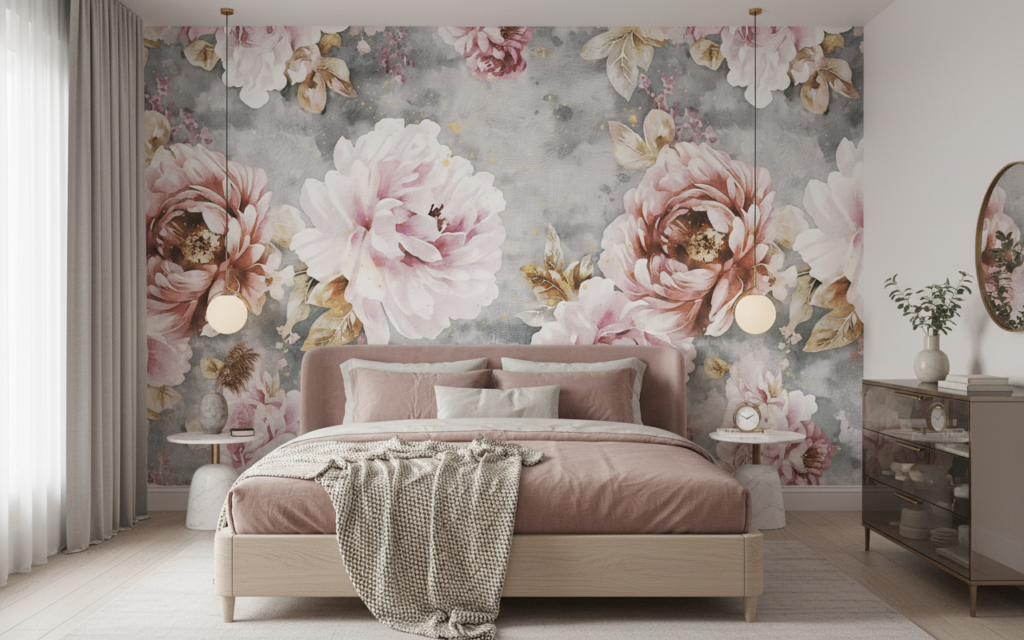 Papier Peint Floral Romantique Pivoines Roses sur Fond Gris Texturé - Chambre adulte